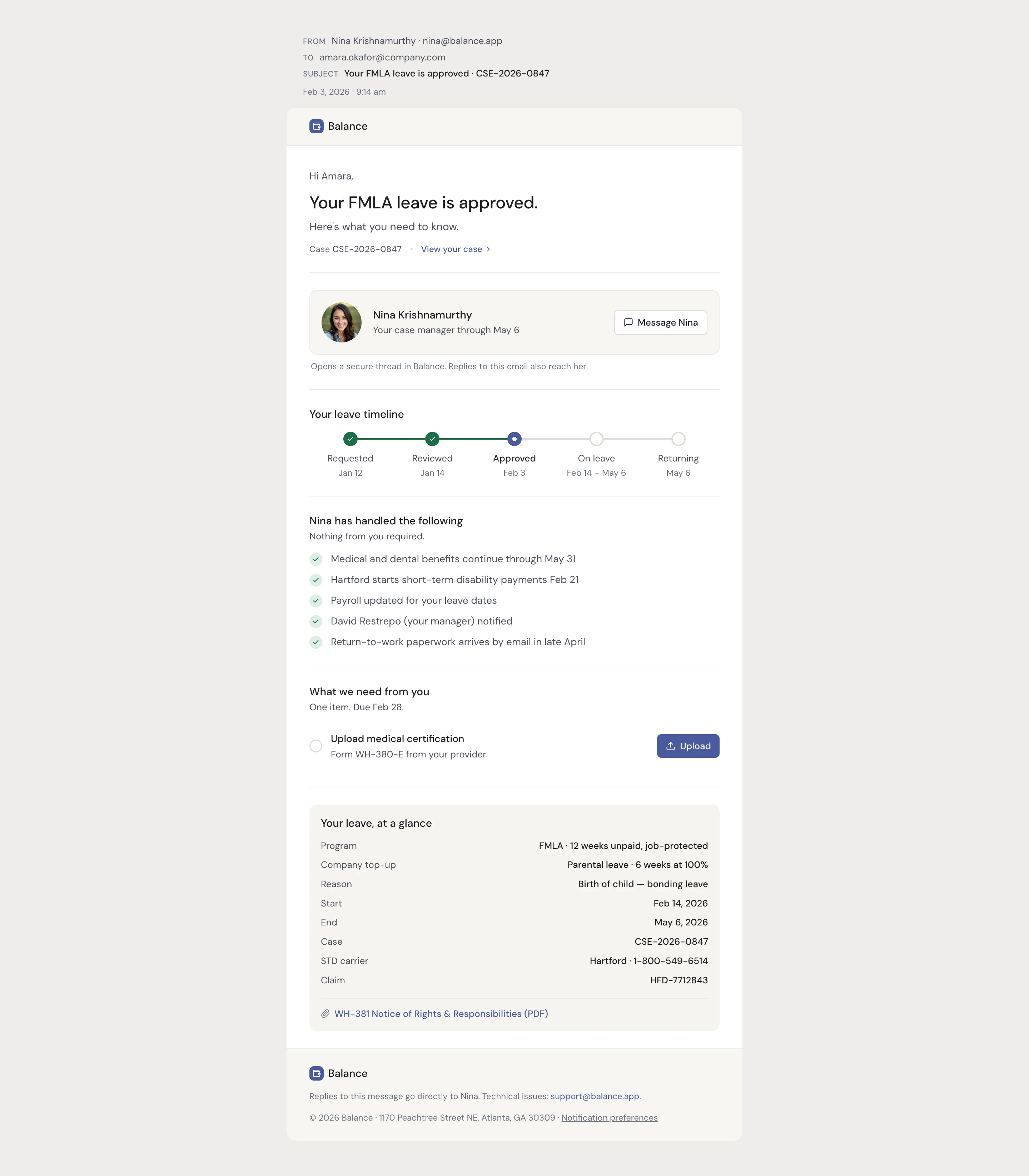 Balance employee email — status, named case manager, leave timeline, peace-of-mind checklist, single required task