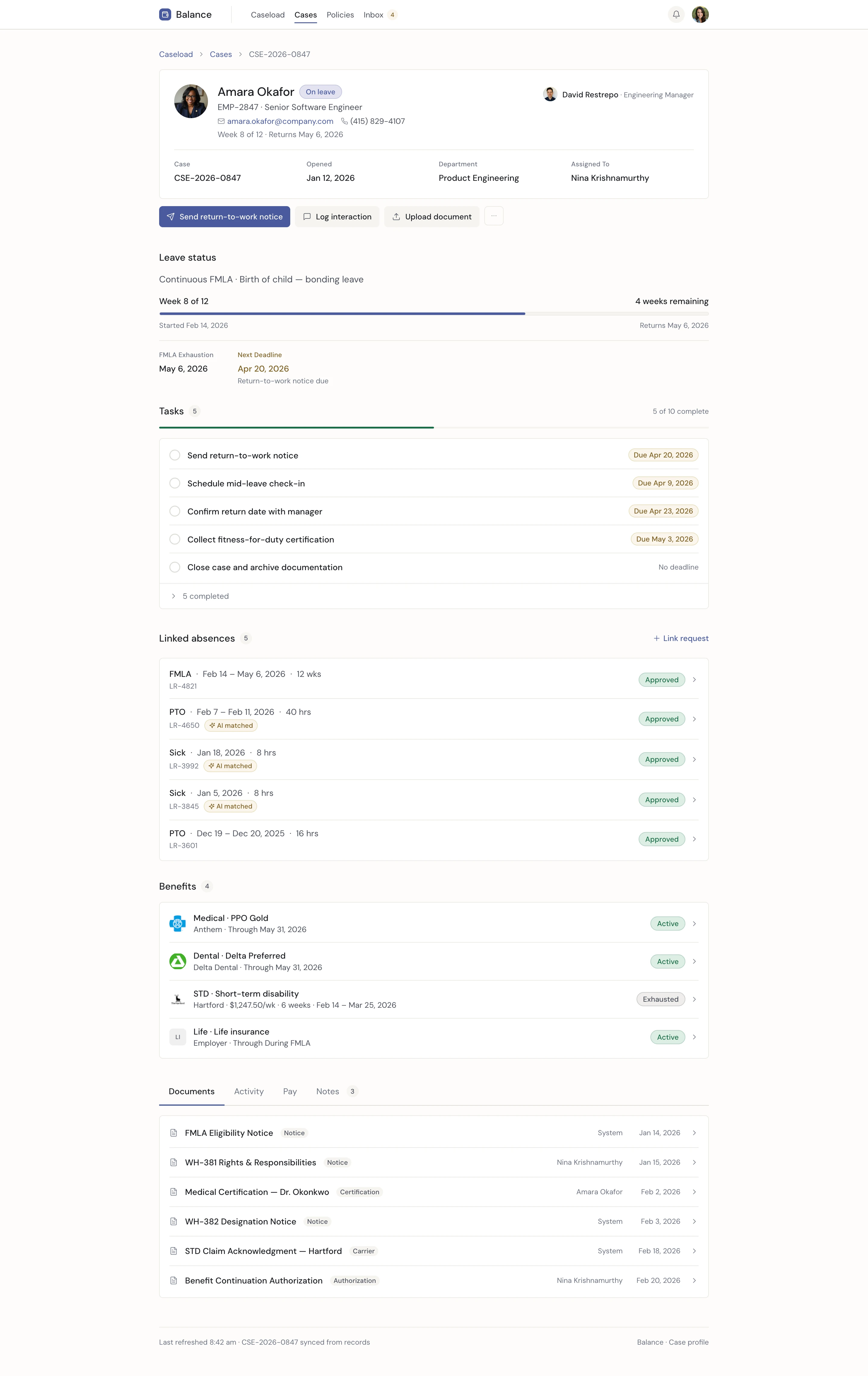 Full case profile page — header, leave status strip, tasks, linked absences, benefits, and documents