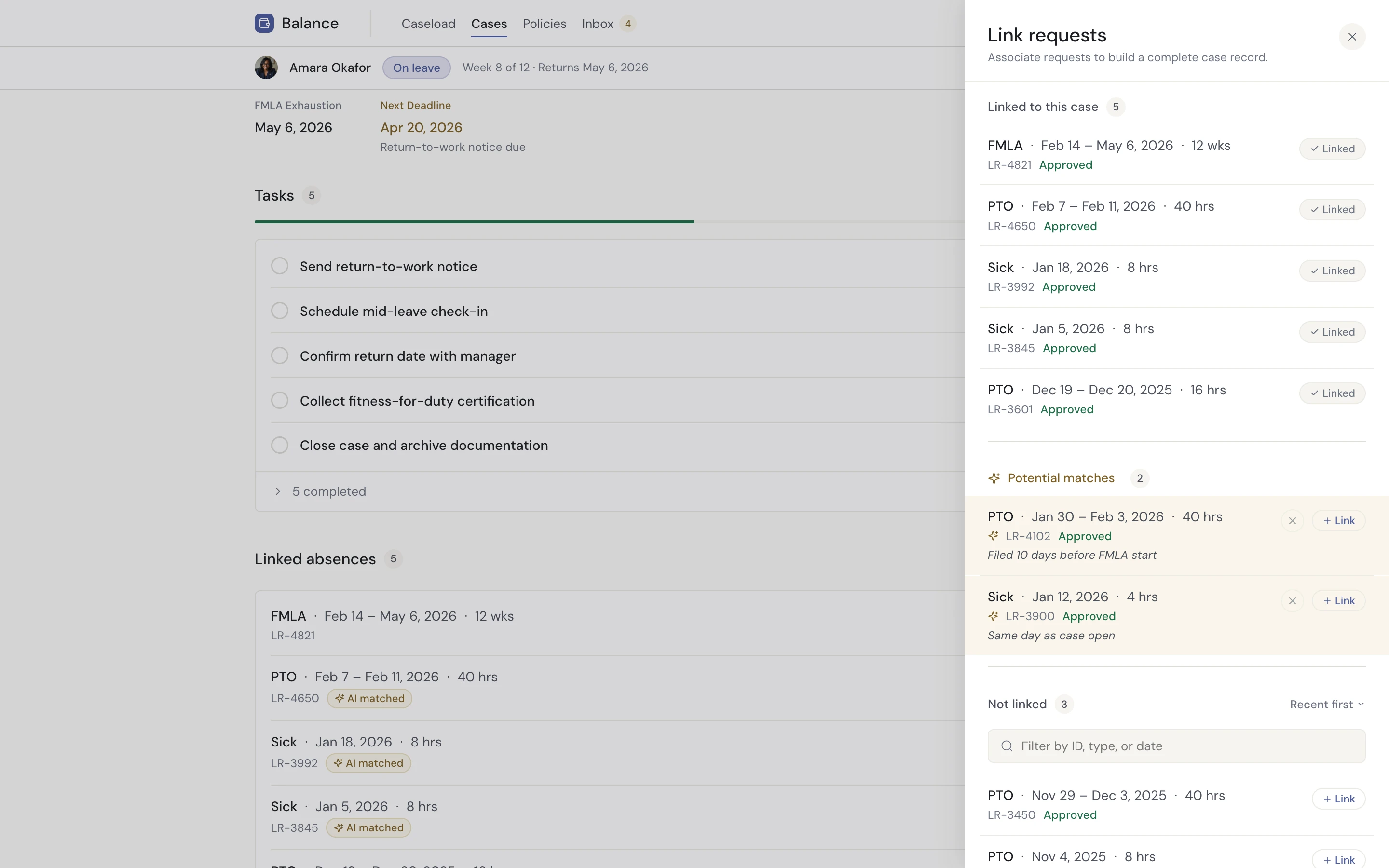 Case profile — Link requests side panel surfacing potential matches with evidence