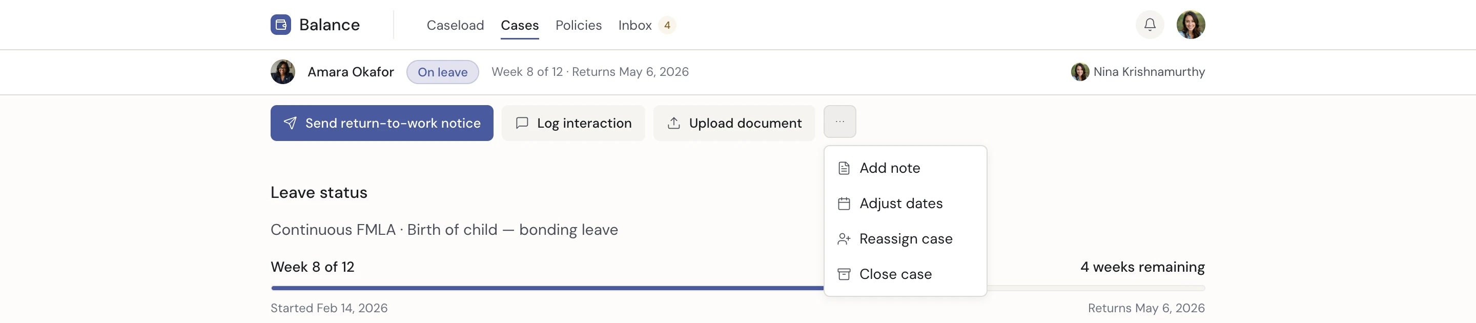 Case profile persistent header with breadcrumb, employee, status, metadata, and action toolbar