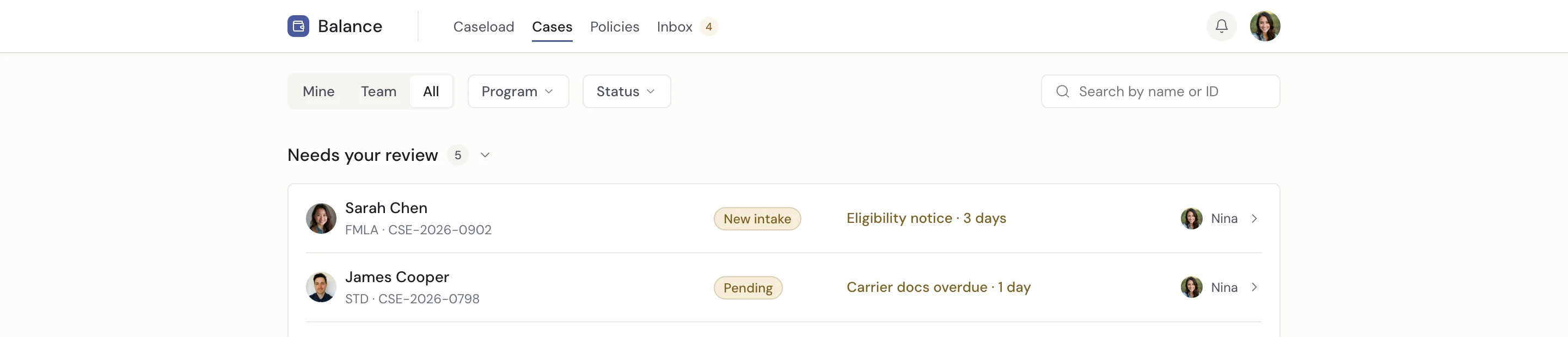 Cases list header with filter chips Mine, Team, All, Program, Status