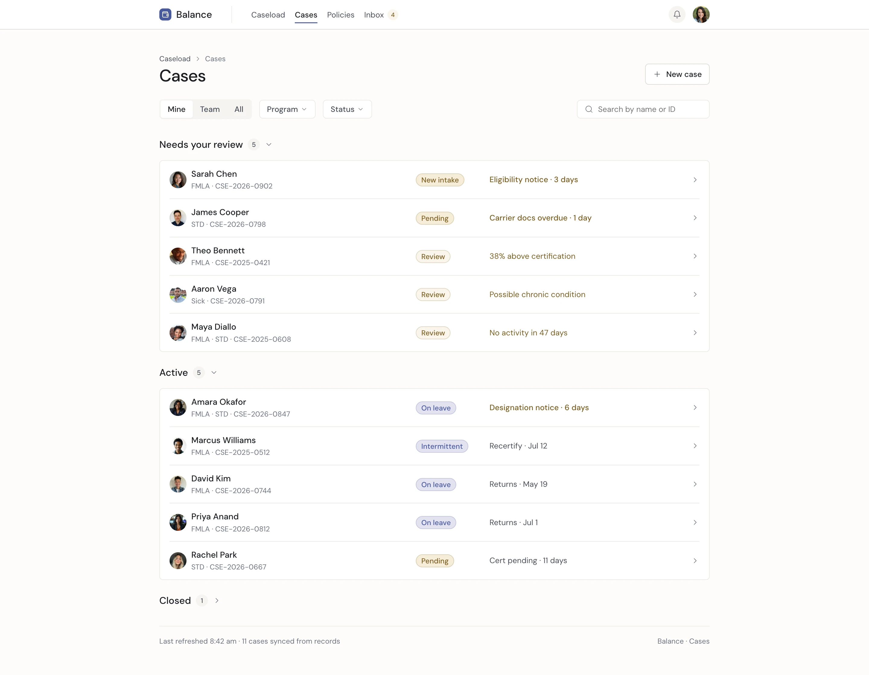 Cases list grouped by Needs your review, Active, On leave, and Closed