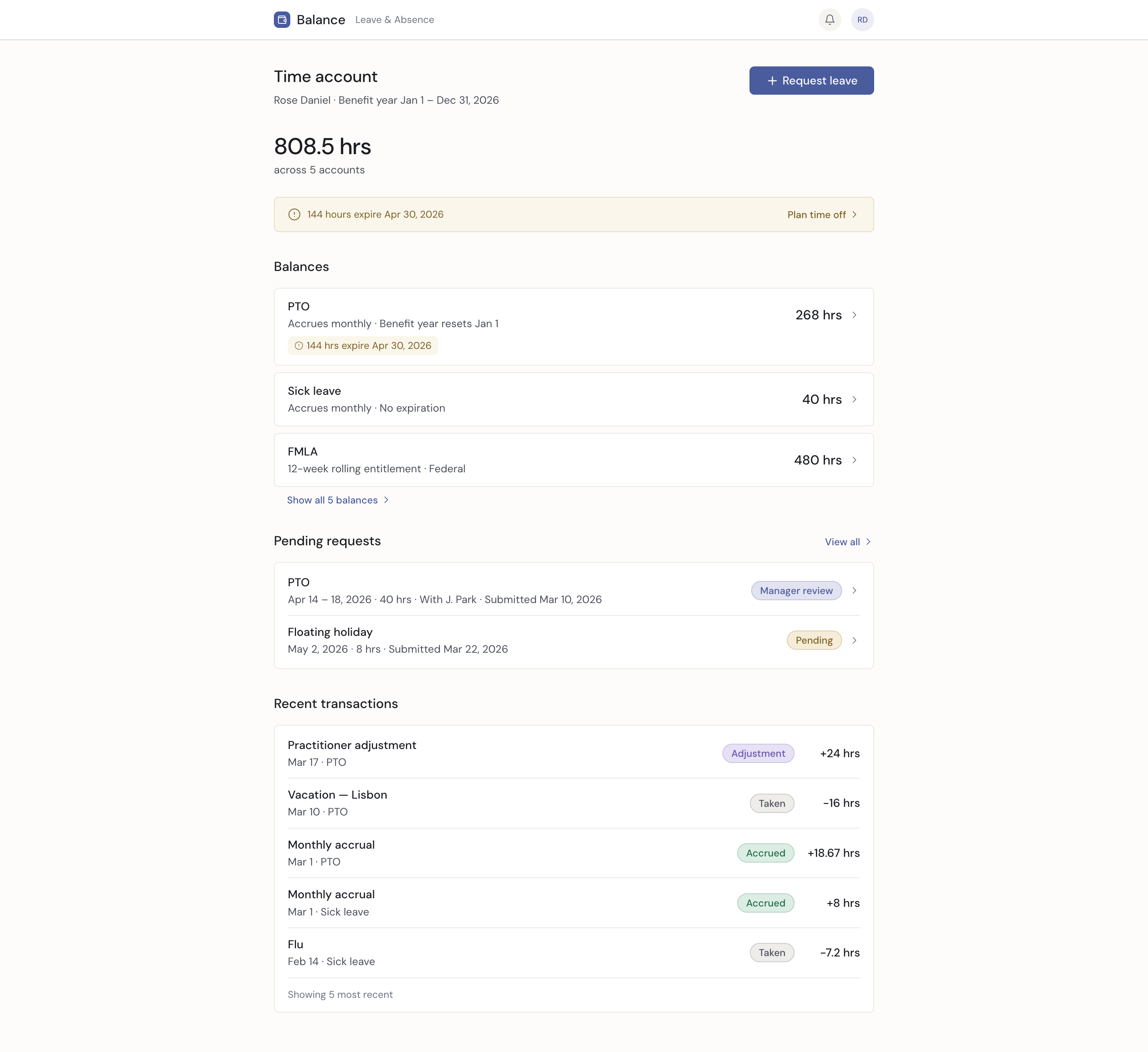 Employee time account showing 808.5 hours across 5 leave accounts, with balances, pending requests, and recent transactions