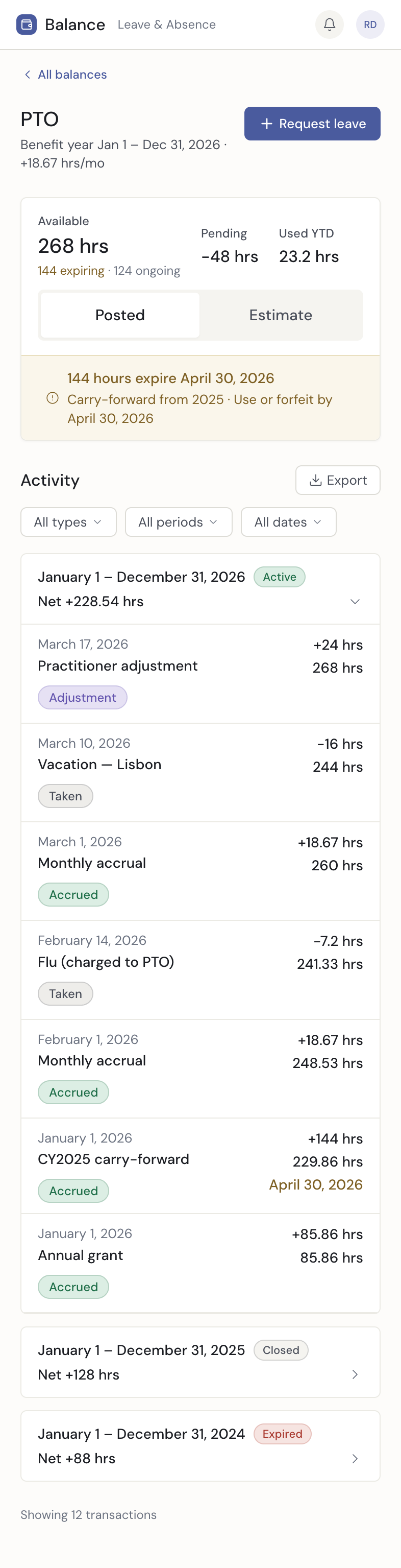PTO posted ledger on mobile