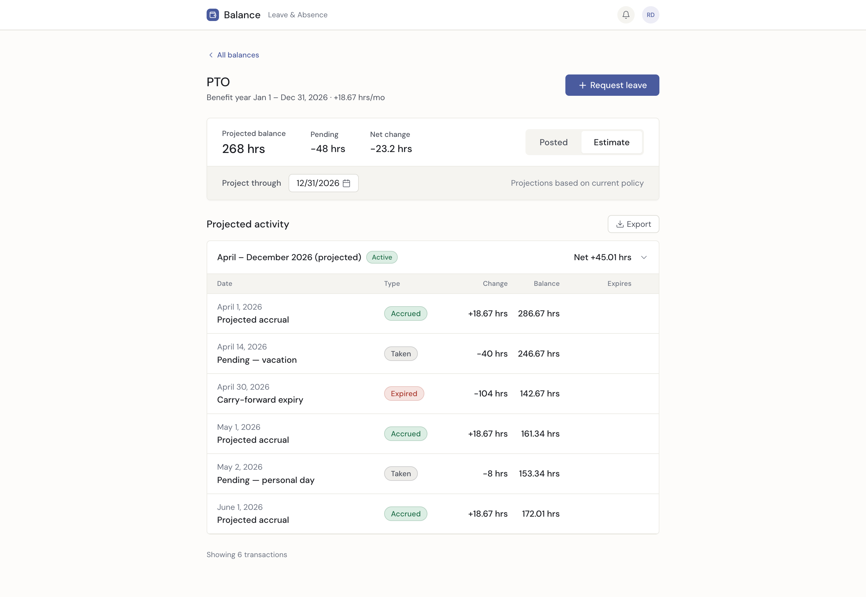 PTO estimate view showing projected activity through a future date with projected accruals, pending requests, and carry-forward expiry