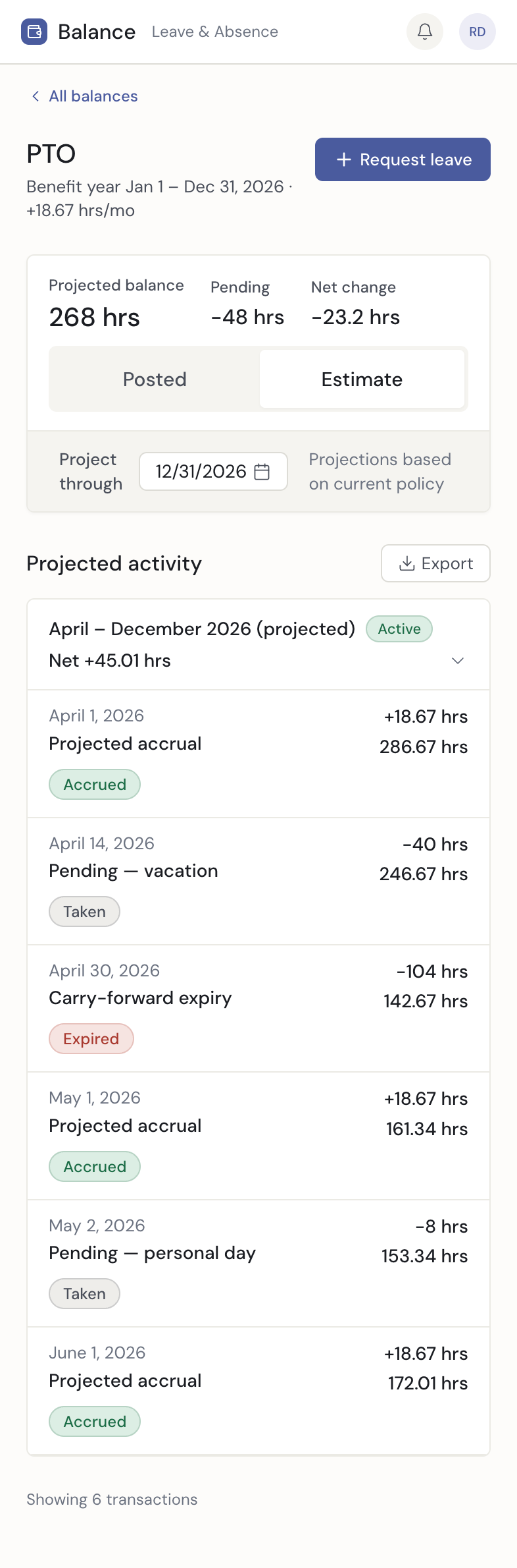 PTO estimate view on mobile