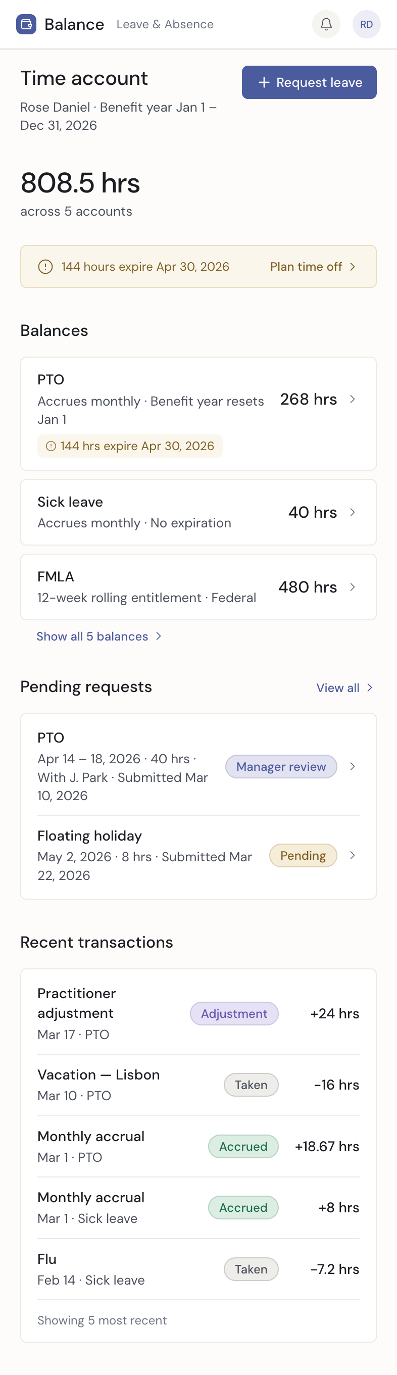 Employee time account on mobile