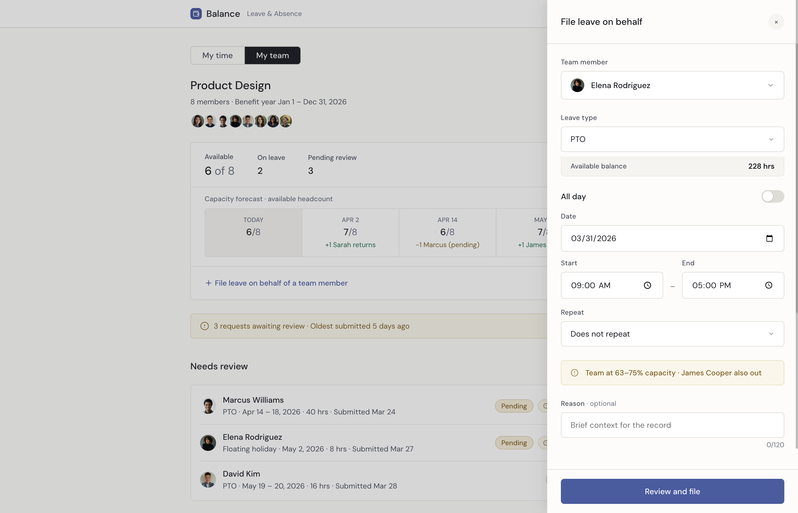 File leave on behalf form showing team member, leave type, available balance, date and time fields