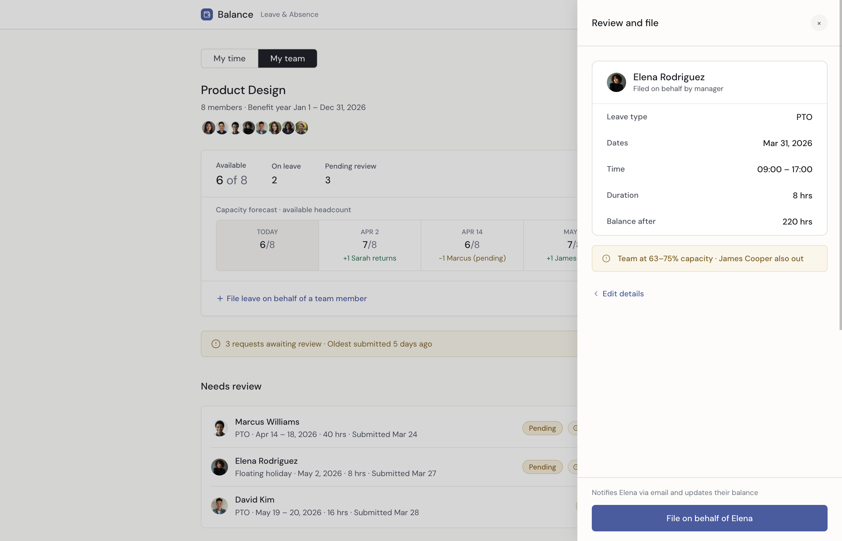 Review and file confirmation showing leave details, balance impact, and team capacity context