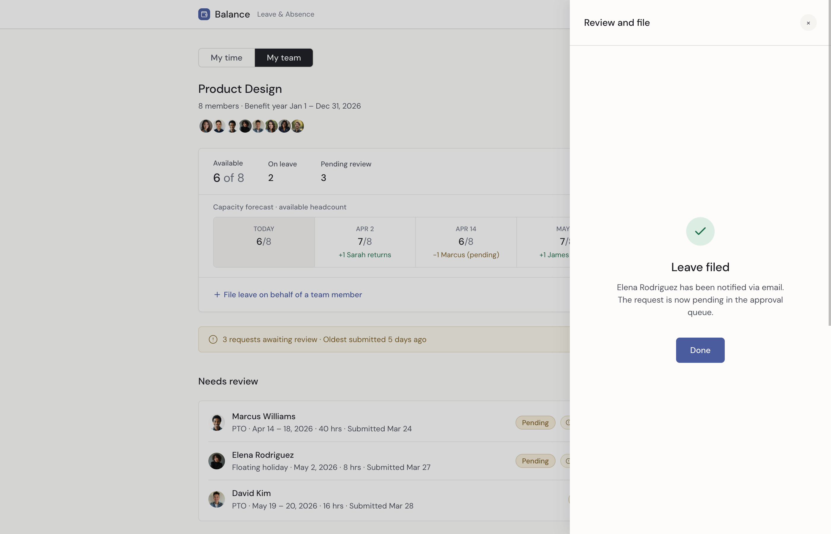 Leave filed confirmation showing the request has been submitted and team member notified